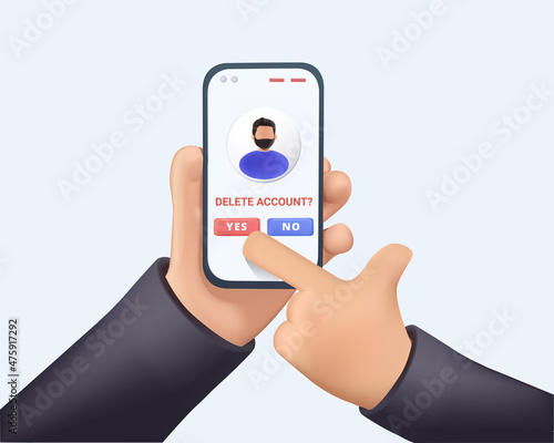 User deleting social account Concept of delete profile, account deactivation, remove data files or page. 3D Web Vector Illustrations. Man pressing delete button on phone, removing online information