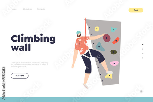 Climbing wall concept of landing page with man on rock or wall in gym or adventure park