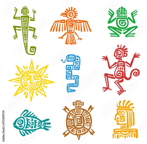 Mayan aztec totem with isolated vector symbols of animals and birds. Ancient Mexican tribal eagle, snake, turtle and lizard, aztec god, pyramid, sun and monkey, fish, frog, raven with ethnic pattern