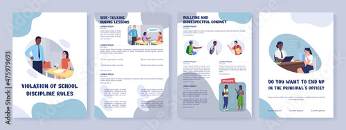 School discipline rules violation flat vector brochure template. Flyer, booklet, printable leaflet design with flat illustrations. Magazine page, cartoon reports, infographic posters with text space