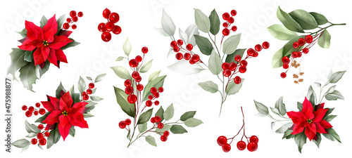 Set with Poinsettia, holly, winter berries in Christmas bouquet. Modern universal artistic templates. Corporate Holiday cards and invitations. Floral backgrounds design. Watercolor botanical.