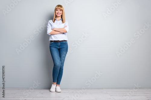 Full size photo of marketer investor lady cross arms ready partnership meeting isolated over silver color background