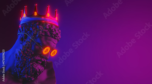 Hercules gipsum head in bitcoin glasses on a neon bakground. 3d image.