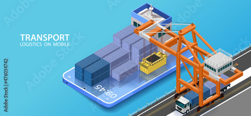 Vector isometric industrial cargo port.Check the shipping port via mobile.Container terminal with cranes, container carrier ship and warehouse. Vessel unloaded by gantry cranes