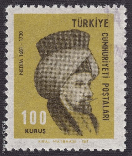 Portrait of Ahmed Nedim Efendi (1681-1730) - Turkish courtier poet, stamp Turkey 1967