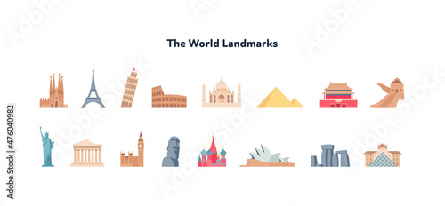 Travel concept. Vector flat illustration set. Collection of color famous landmark symbol with name isolated on white background. Design for international tourism, vacation, sightseeing