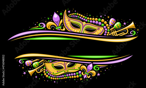 Vector Mardi Gras Border with copyspace, horizontal template with illustration of yellow mardi gras symbols, colorful stars and decorative flourishes for mardigras show event on black background