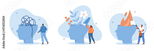 Mental health illustration set. Characters trying to solve mentality problems and fighting against emotional burnout. Psychotherapy concept. Vector illustration. 