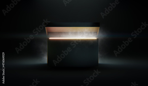Mysterious pandora box opening with rays of light, high contrast image. 3D Rendering, illustration