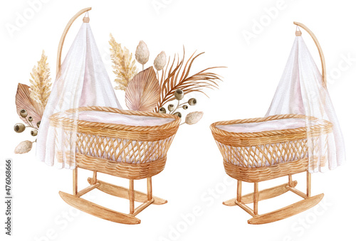 bassinet,crib for newborns, cradle. Boho. Watercolor illustration. Childhood. Motherhood. Baby shower.