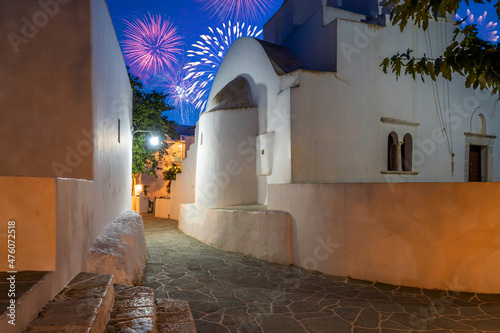 New Year fireworks over the Greek church. Folegandros island, Greece