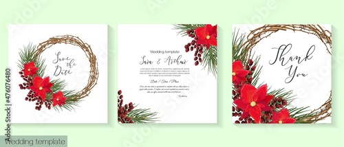 Vector template for wedding or Christmas party invitation. New Year's design. Wooden wreath, spruce branches, poinsettia flowers, red berries.
