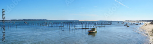 Panoramic view of the dune du Pilat and the oyster beds of Lége-Cap Ferret on the Arcachon basin, in Nouvelle-Aquitaine, in the south-west of France