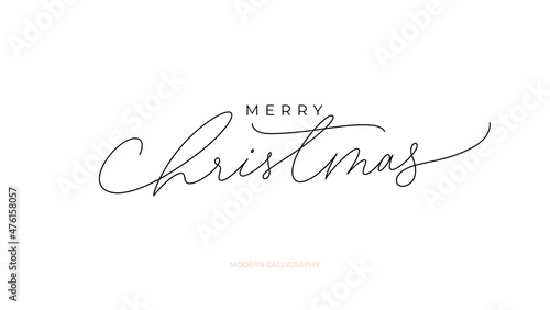 Merry Christmas black pen lettering to winter holiday design. Creative typography for Holiday greeting cards. Hand drawn modern line calligraphy isolated on white background. Festive vector text