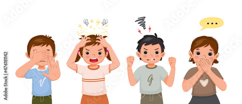 Children showing different negative emotions, feelings, facial expressions, hand gestures and body languages such as hand cover eyes, no stop refusal sign, stress, screaming angry, hand cover mouth