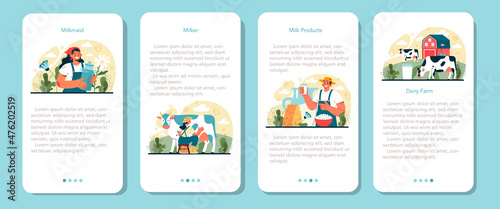 Dairy farm mobile application banner set. Milkmaid milking a cow.