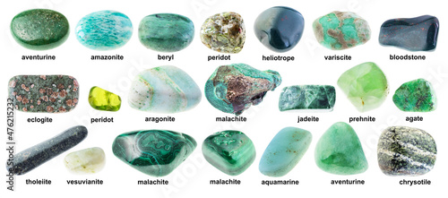 set of various polished green rocks with names