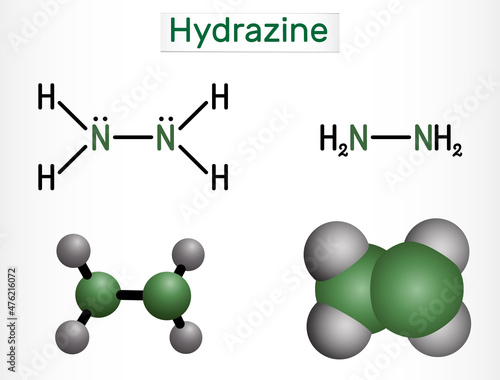 Hydrazine, diamine, diazane, N2H4 molecule. It is highly reactive base and reducing agent. Structural chemical formula and molecule model. Vector illustration