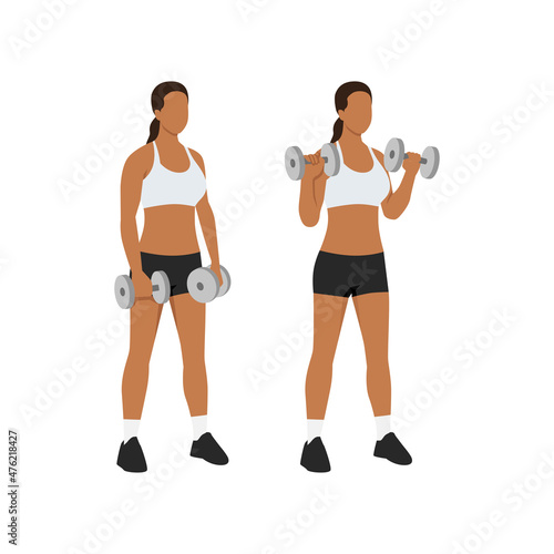 Woman doing Dumbbell bicep reverse curls exercise. Flat vector illustration isolated on white background