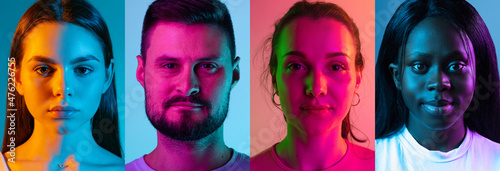 Collage of four people, men and women looking at camera and posing isolated over multicolored background in neon lights