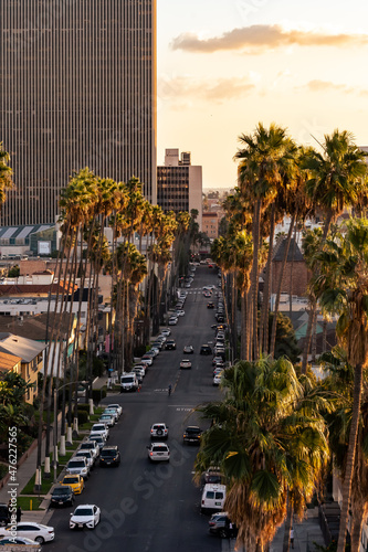 Rooftop view looking down Mariposa Ave in the Koreatown section of Los Angeles at sunset