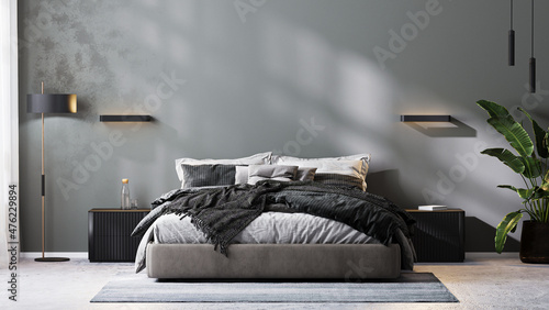 modern bedroom interior in gray tones, bedroom mock up, 3d rendering