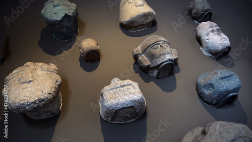 Idian culture. Inca. Larco Museum Lima Peru. Stone Masks. Stone carving. 