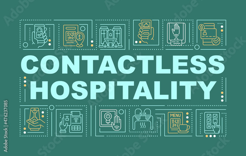 Contactless hospitality word concepts green banner. Infographics with linear icons on background. Isolated typography. Vector outline color illustration with text. Arial-Black font used