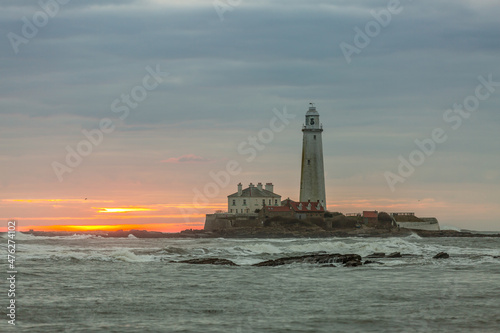 A spectacular sunrise at St Mary's Lighthouse in Whitley Bay, as the sky erupts in color