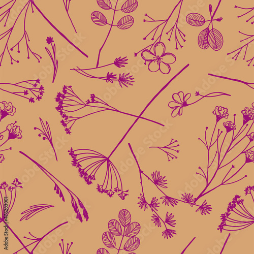 Wild plants seamless pattern. Hand drawn vector illustration. Floral ornament in retro style. Vintage botanical design for textile, wallpaper, background, decor.