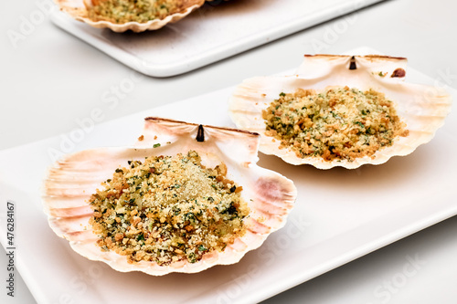 Backed scallops in shells in white plate on light gray background. Scallops au gratin on white plate. Mediterranean seafood. Fresh Shellfish. Aequipecten opercularis. Pecten Jacobaeus