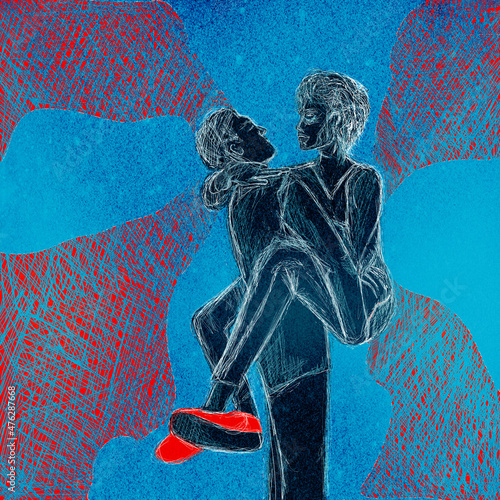 Ilustracja para mężczyzna trzymający kobietę na rękach w miłosnym ucisku na niebiesko czerwonym abstrakcyjnym tle