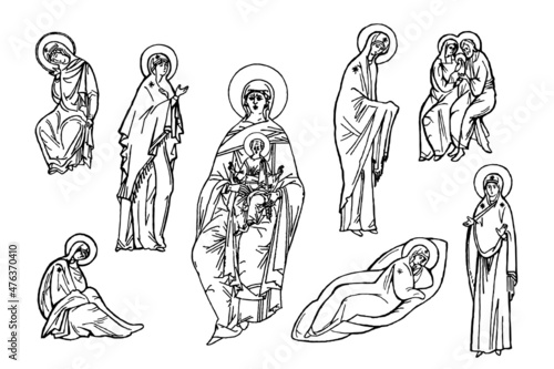 Saint Maria sketch set in Byzantine style. Outline elements on white background