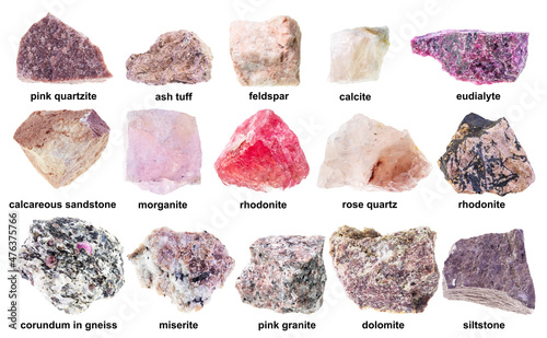 set of various raw pink stones with names cutout