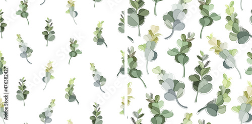 Seamless vector pattern with eucalyptus sprigs. Plant branches with leaves isolated on white background. Set of romantic botanical backgrounds. Delicate wedding herbarium print.