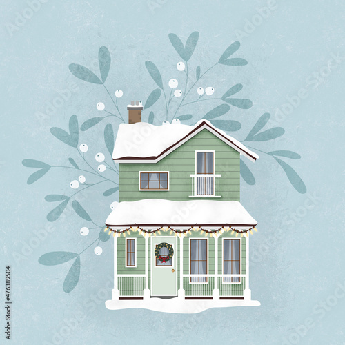 Zimowy domek, śnieg i jemioła. Dom ozdobiony na Święta Bożego Narodzenia i Nowy Rok. Nowoczesny zielony rodzinny dom ze spadzistym dachem, oknami, drzwiami i białymi poręczami. Urocza chatka.