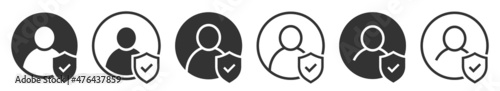 Set of user accept icons or account protection. Profile icon with checkmark and shield. Avatar check symbol. Account sign. Authentication security. Privacy vector.