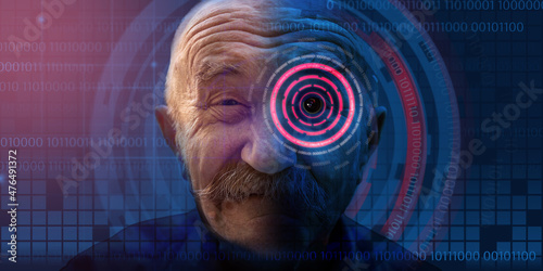hacker grandfather with artificial eye, binary code, gloomy cyberspace atmosphere. humorous approach to concept of technological security and invasive modification of human body