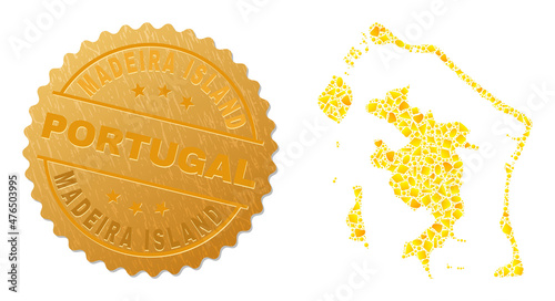 Golden composition of yellow fractions for Bora-Bora map, and golden metallic Madeira Island Portugal watermark. Bora-Bora map composition is composed of random gold particles.