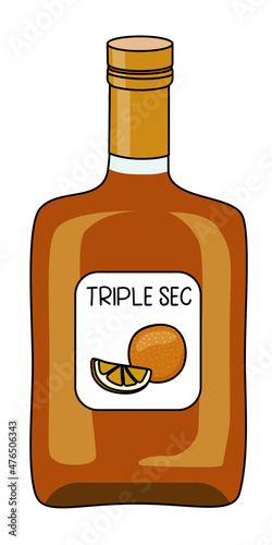 Triple Sec transparent Orange Liquor in a bottle. Doodle cartoon hipster style vector illustration isolated on white background. Good for party card, posters, bar menu or alcohol cook book recipe