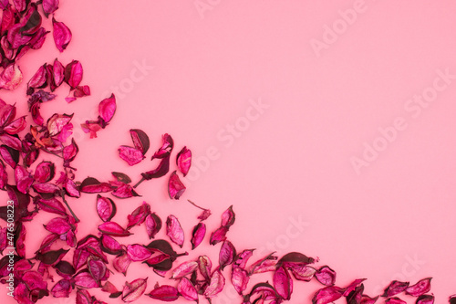 Aromatic mix of potpourri of dried flowers. A bunch of dry potpourri flowers on a white background. Romantic Valentines day composition. Flat lay. Love concept.