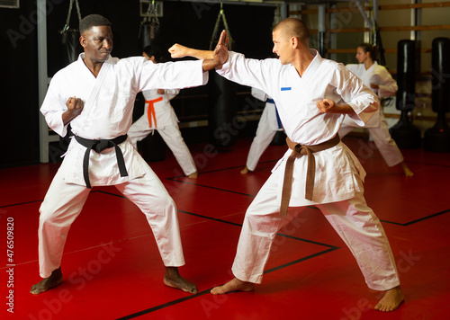 Caucasian and African-american men exercising fight moves during karate training. Women sparring in background.