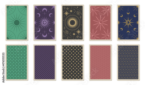 Back of tarot cards. Vector template for card deck with sun, moon, stars, hands, ornament and patterns. Magic and mystic design elements. Cards for astrology and esoteric.