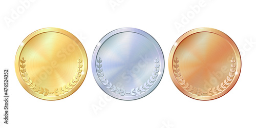 Set of gold, silver and bronze round empty medals.