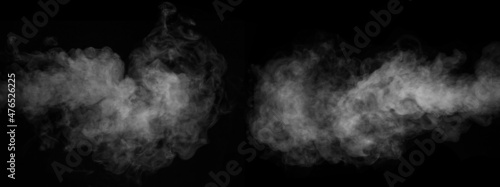 White horizontal smoke collection on black background. Fog or smoke set isolated on black background. White cloudiness, mist or smog background.