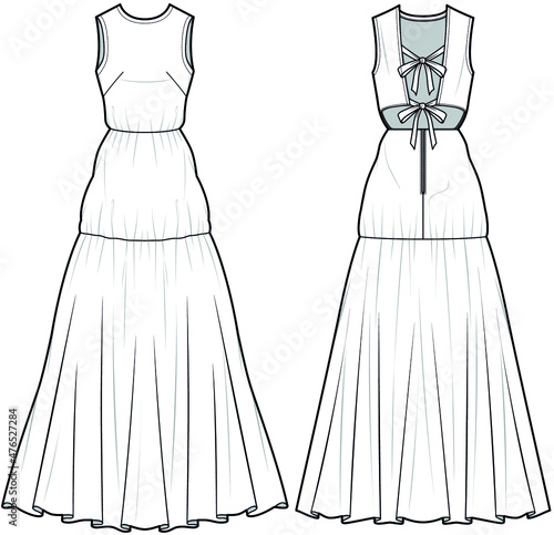 Sleeveless Maxi Flared Dress with Back Open Knot Front and Back View. Fashion Illustration, Vector, CAD, Technical Drawing, Flat Drawing.