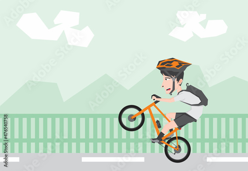 An illustration of a boy riding bike and doing wheelie trick