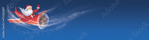 Horizontal banner Santa Claus flying in the dark night sky on a red plane. Christmas card.
