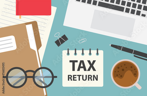 tax return written in spiral notebook on office desk, flat lay composition - vector illustration