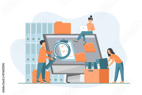 Office workers organizing data storage and file archive on server or computer. PC users searching documents on database. Vector illustration for information technology, source concept 